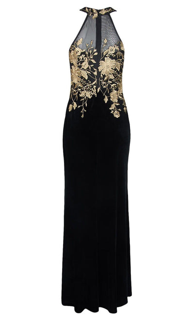 Cachet - Floral Embroidered Halter Evening Dress 59820 - 1 pc Black Gold In Size 4 Available CCSALE 16 / Black Gold