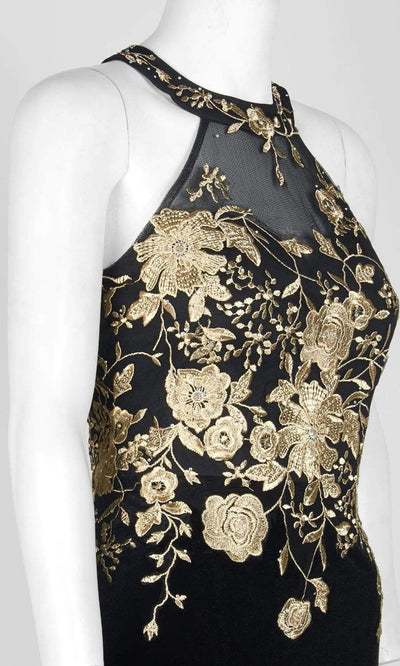 Cachet - Floral Embroidered Halter Evening Dress 59820 - 1 pc Black Gold In Size 4 Available CCSALE 16 / Black Gold