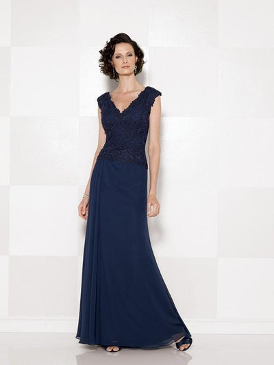Cameron Blake - 114666 V Neck Long Dress with Slit in Blue
