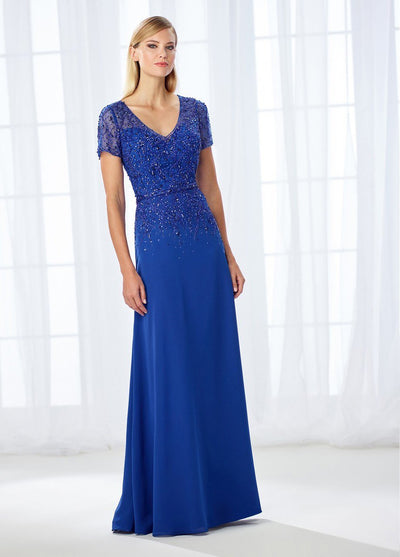 Cameron Blake - 118685 Short Sleeve Bejeweled Chiffon Gown In Blue