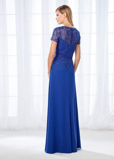 Cameron Blake - 118685 Short Sleeve Bejeweled Chiffon Gown In Blue