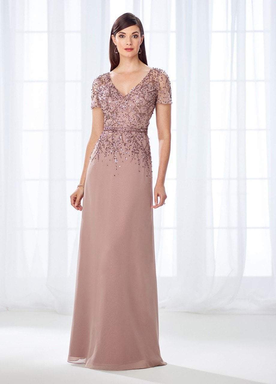 Cameron Blake - 118685 Short Sleeve Bejeweled Chiffon Gown In Brown