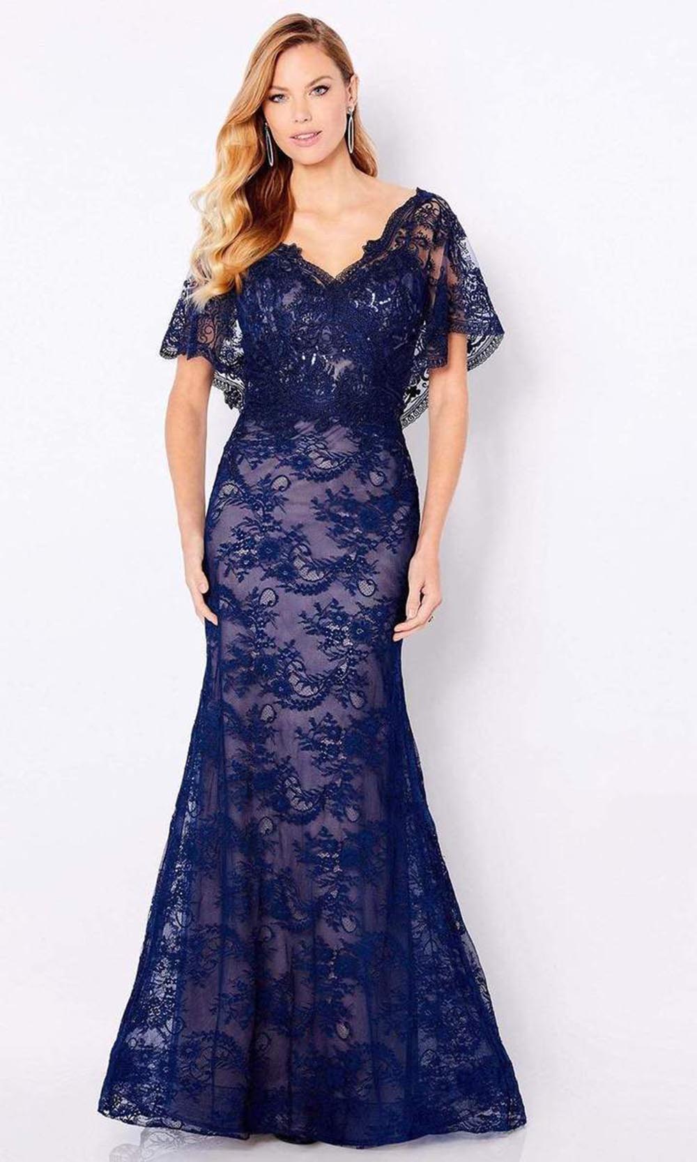 Cameron Blake - 221687SC V-Neck Evening Dress In Blue and Neutral