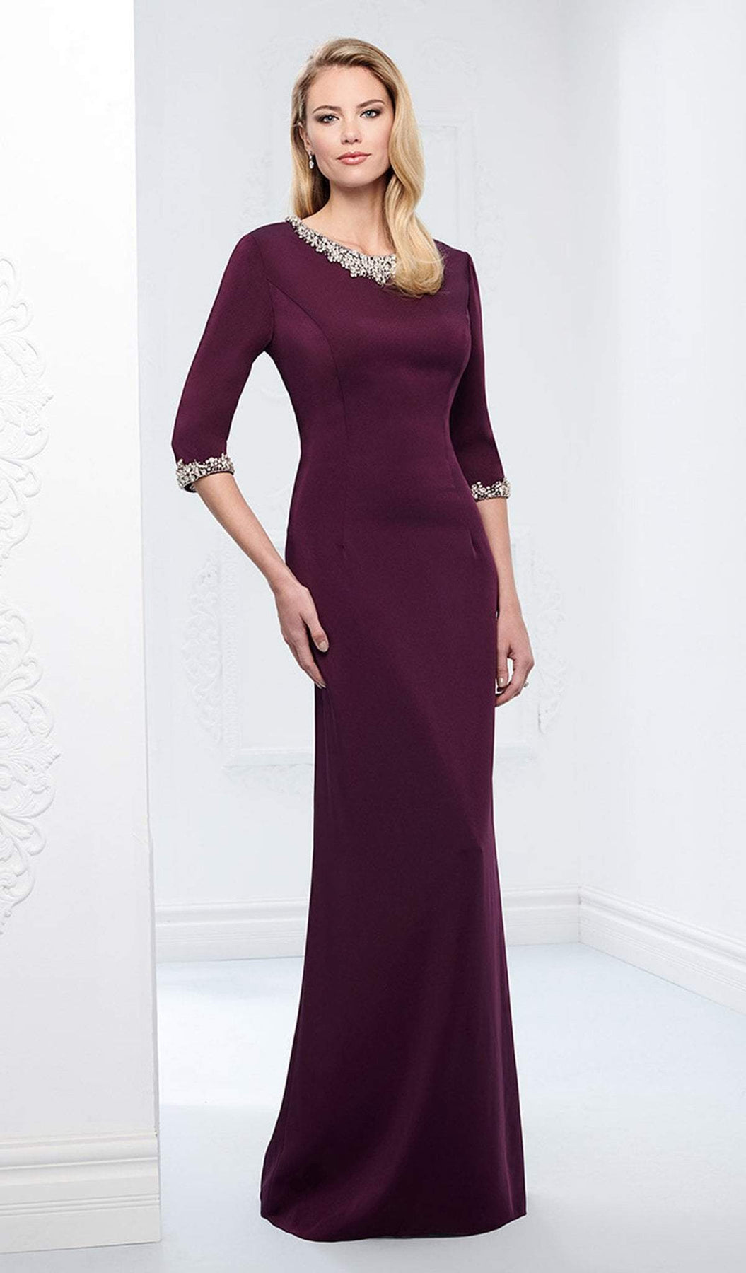 Cameron Blake by Mon Cheri - 116659 Long Evening Gown with Beaded Neckline Special Occasion Dress 0 / Eggplant