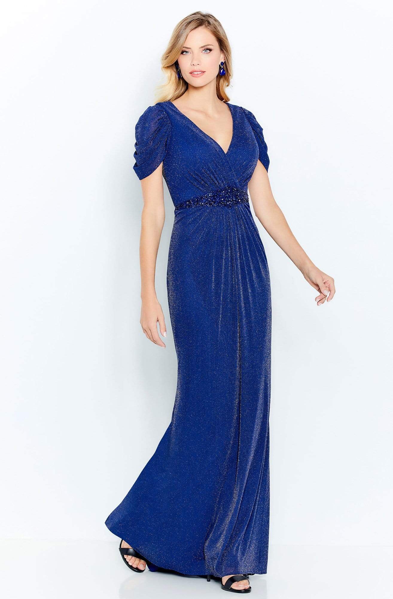 Cameron Blake by Mon Cheri - 120615W Ruched Short Sleeves Sheath Dress Mother of the Bride Dresses 16W / Navy/Gold