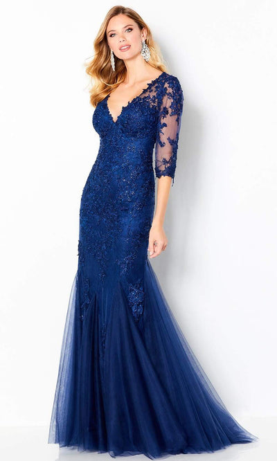 Cameron Blake by Mon Cheri - 220644 Beaded Lace Tulle Mermaid Gown Evening Dresses 4 / Navy Blue