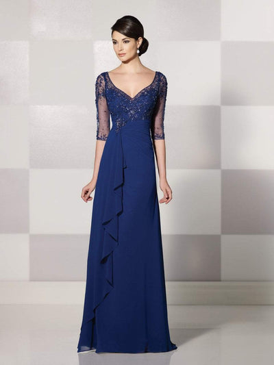 Cameron Blake by Mon Cheri - Beaded Quarter Sleeve Cascade Gown 214689 CCSALE 20 / Blue Willow