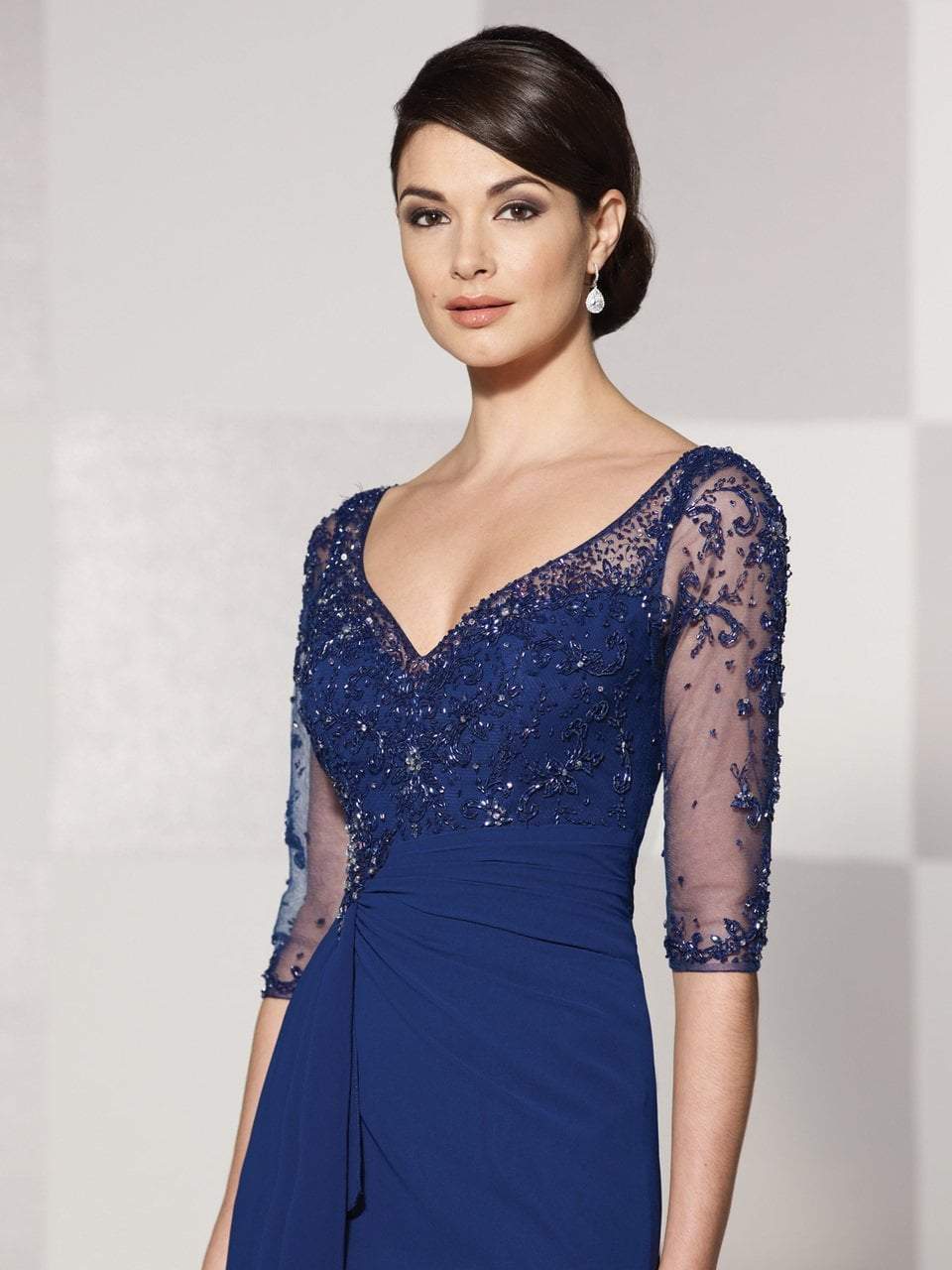 Cameron Blake by Mon Cheri - Beaded Quarter Sleeve Cascade Gown 214689 CCSALE 20 / Blue Willow