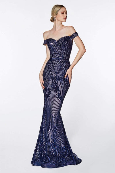 Cinderella Divine - CB0039 Sparkly Geomtric Sequin Off-Shoulder Evening Gown - 1 pc Navy in Size 12 Available CCSALE 10 / Navy