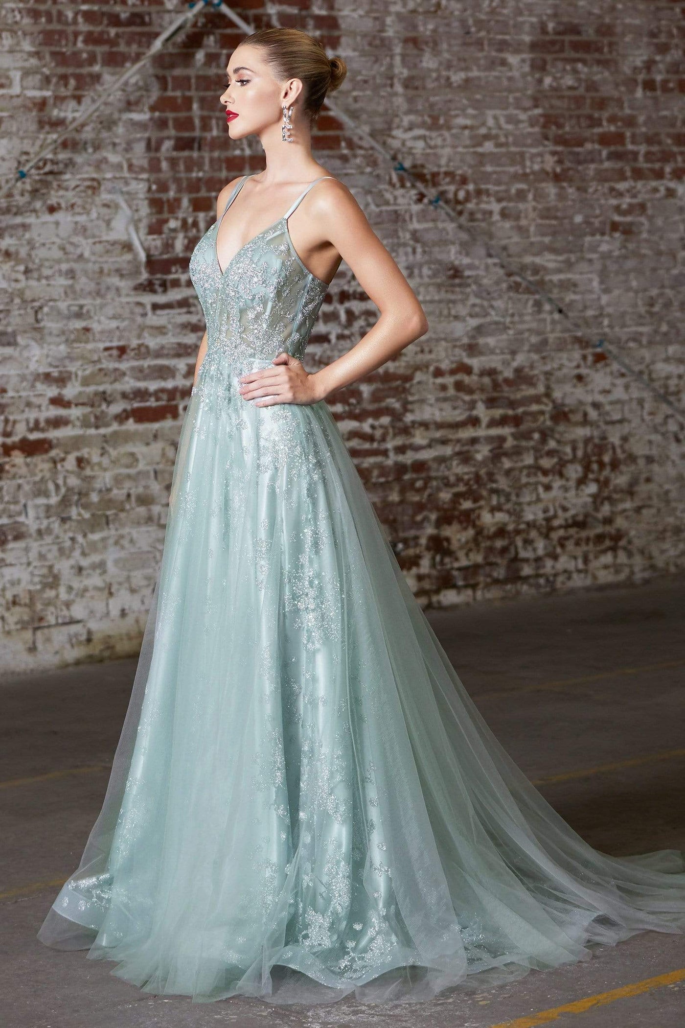 Cinderella Divine - CB047 Glitter Corset Bodice Layered Tulle Gown In Green