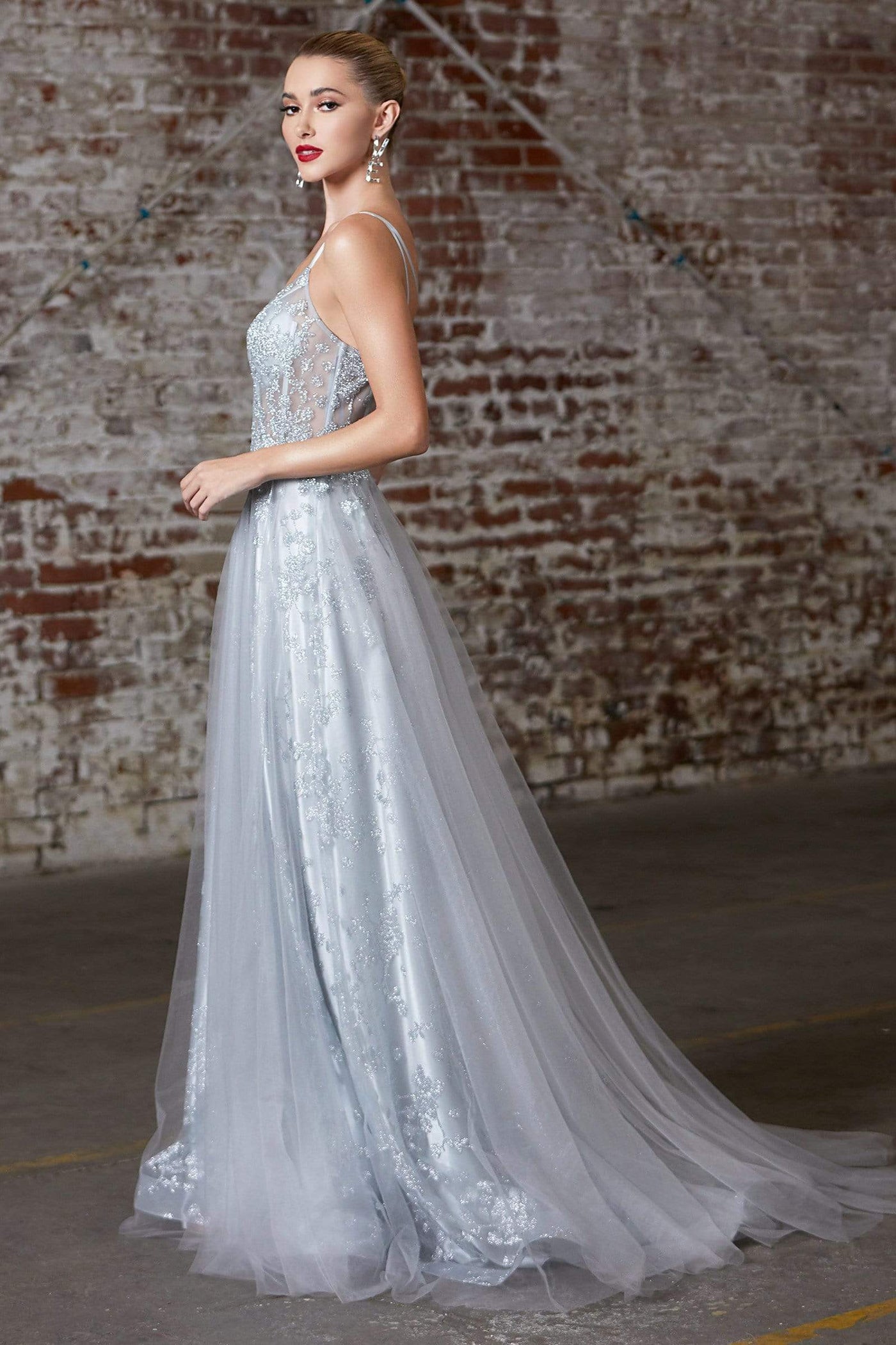 Cinderella Divine - CB047 Glitter Corset Bodice Layered Tulle Gown In Silver