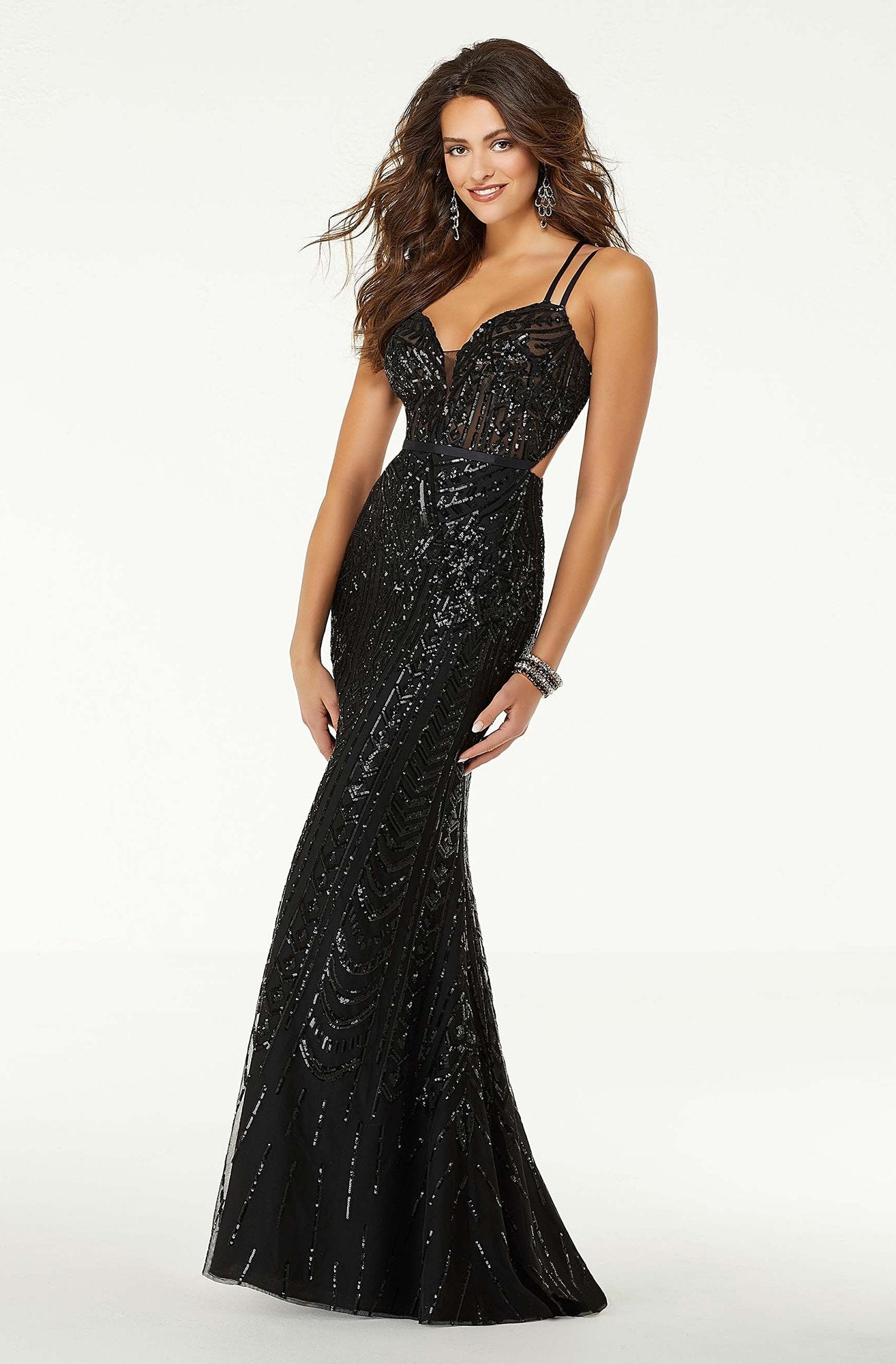 Mori Lee - 45092 Fitted Sequined Strappy Long Dress In Black