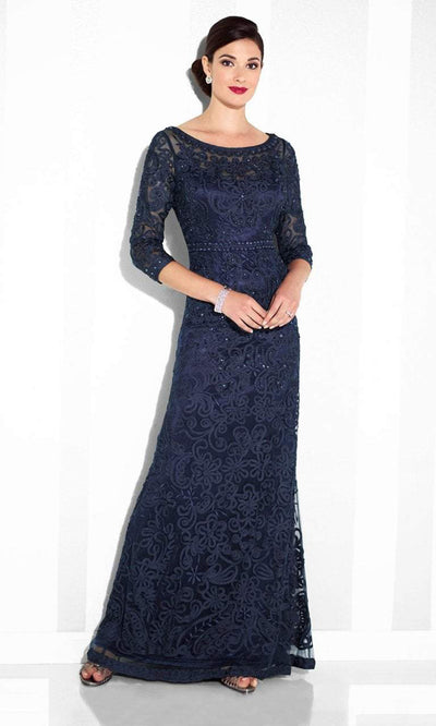Mon Cheri - 115604SL Illusion Embroidered Lace Gown - 1 Pc Navy in Size 12 Available CCSALE 10 / Navy