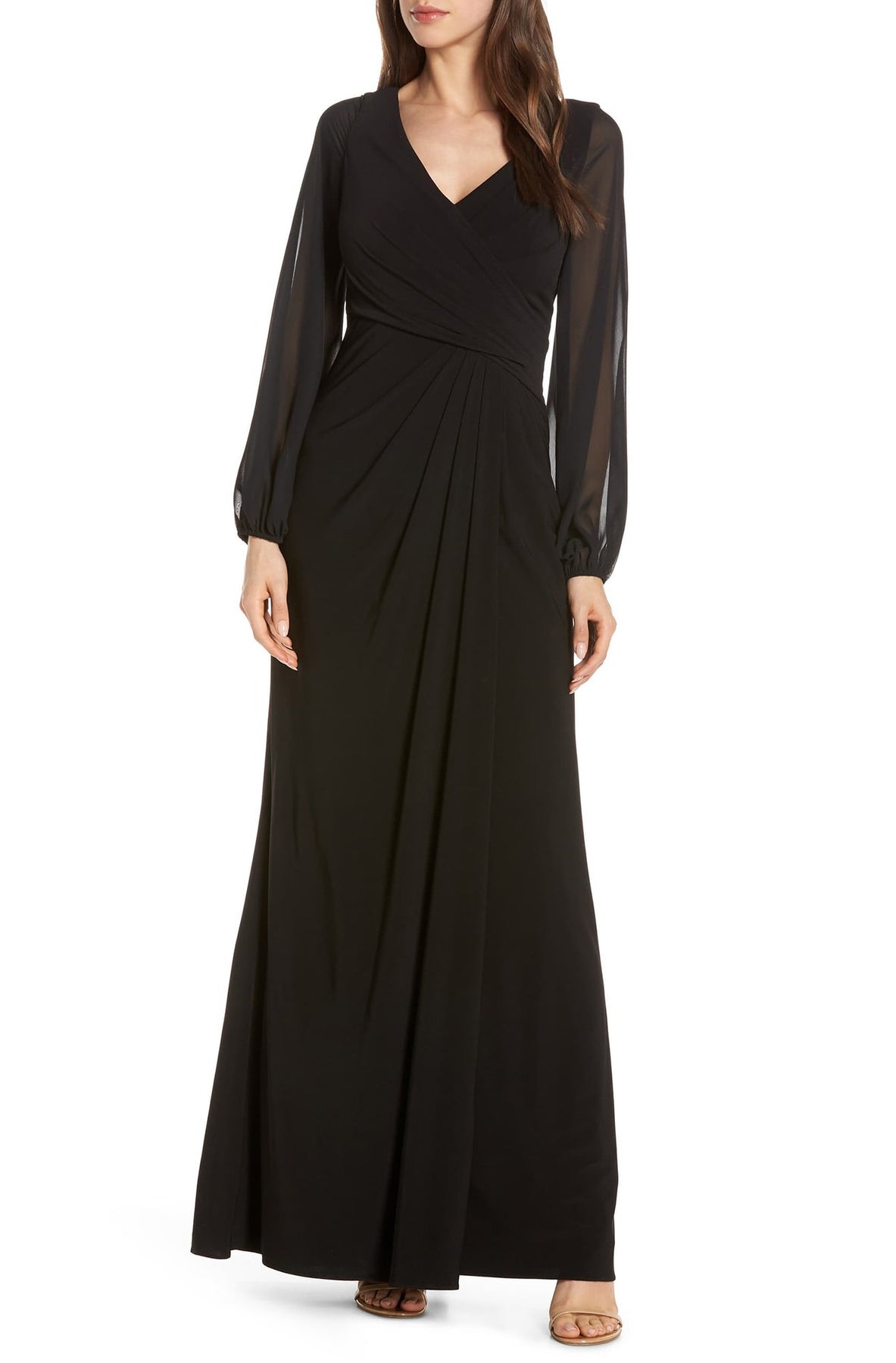 Adrianna Papell AP1E205892 - Long Sheath Dress - Long Sleeves, Ruched Bodice, Back Zipper, Jersey, Chiffon, Sheath Skirt ADASA Adrianna Papell AP1E205892 - Long Sheath Dress - Long Sleeves, Ruched Bodice, Back Zipper, Jersey, Chiffon, Sheath Skirt ADASA