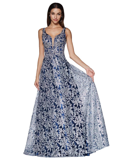 Cinderella Divine - CD0131 Floral Embellished Deep V-neck A-line Dress In Blue and Silver