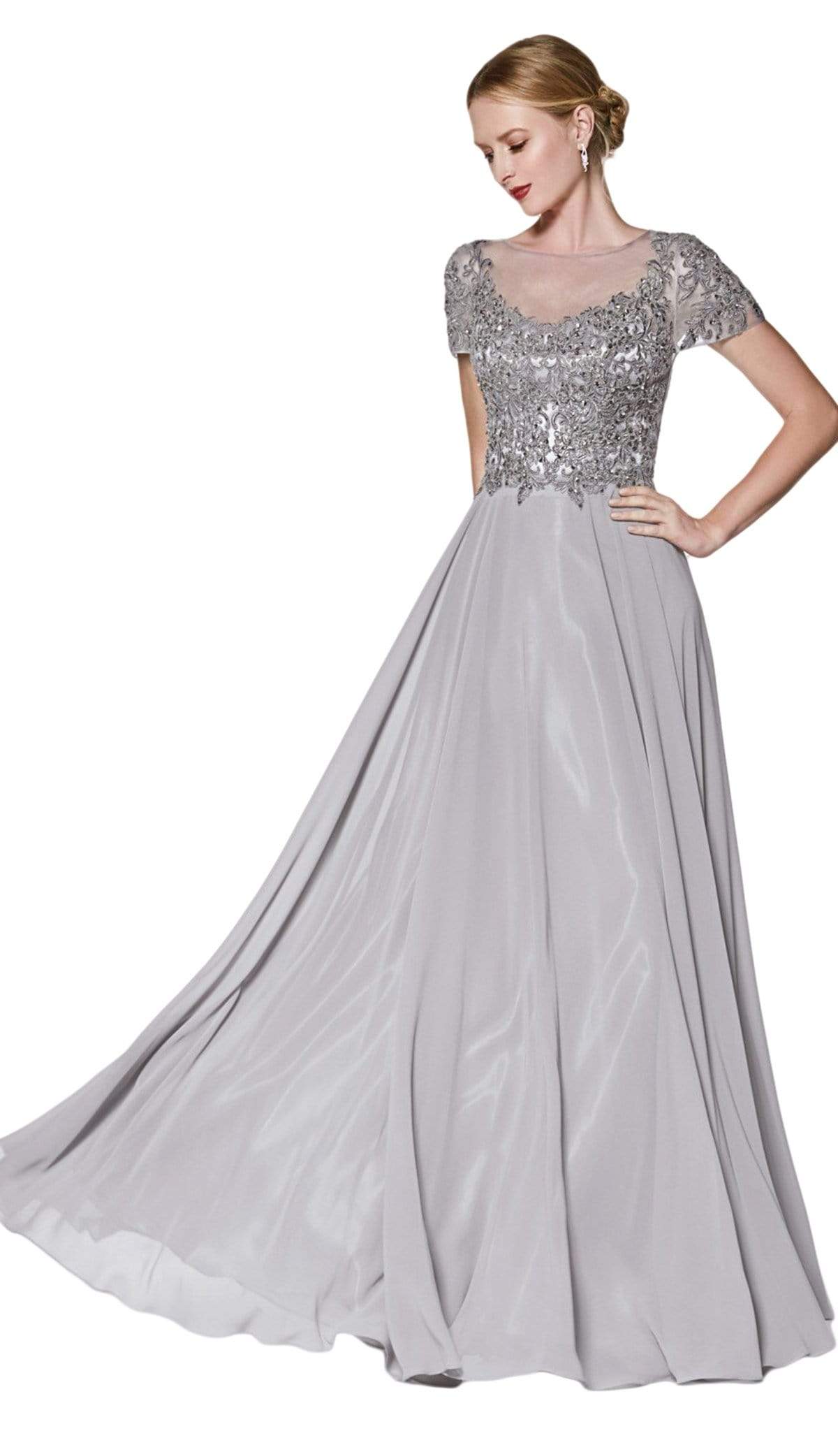 Cinderella Divine - CD0139 Short Sleeve Appliqued Illusion A-Line Gown In Silver and Gray
