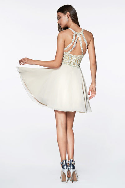 Cinderella Divine - CD0141 Beaded Lace Chiffon Halter Cocktail Dress in White