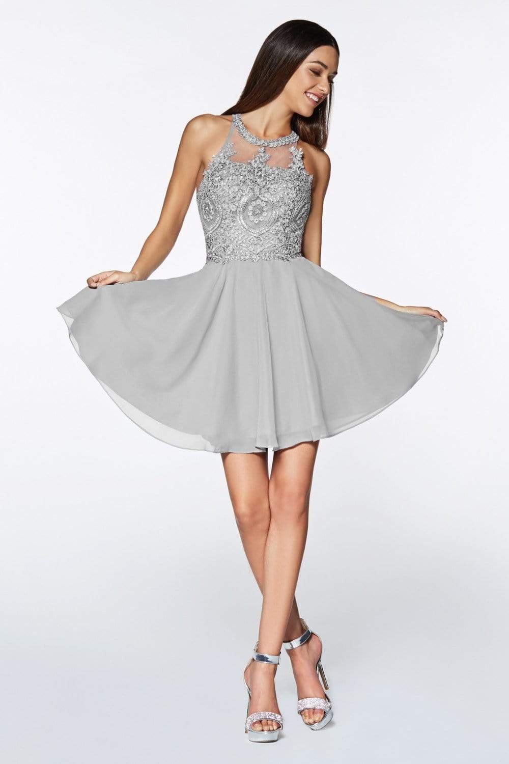 Cinderella Divine - CD0141 Beaded Lace Chiffon Halter Cocktail Dress Special Occasion Dress XXS / Silver