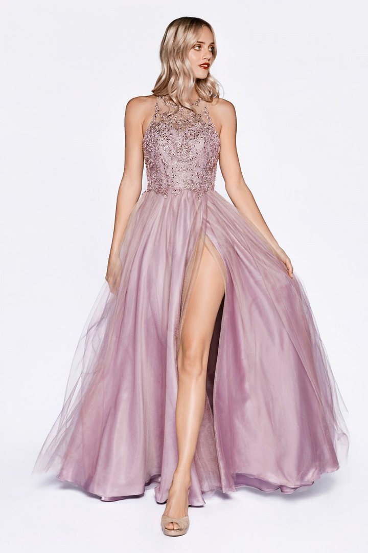 Cinderella Divine - Bead Embellished Halter A-Line Gown CD0145 In Pink