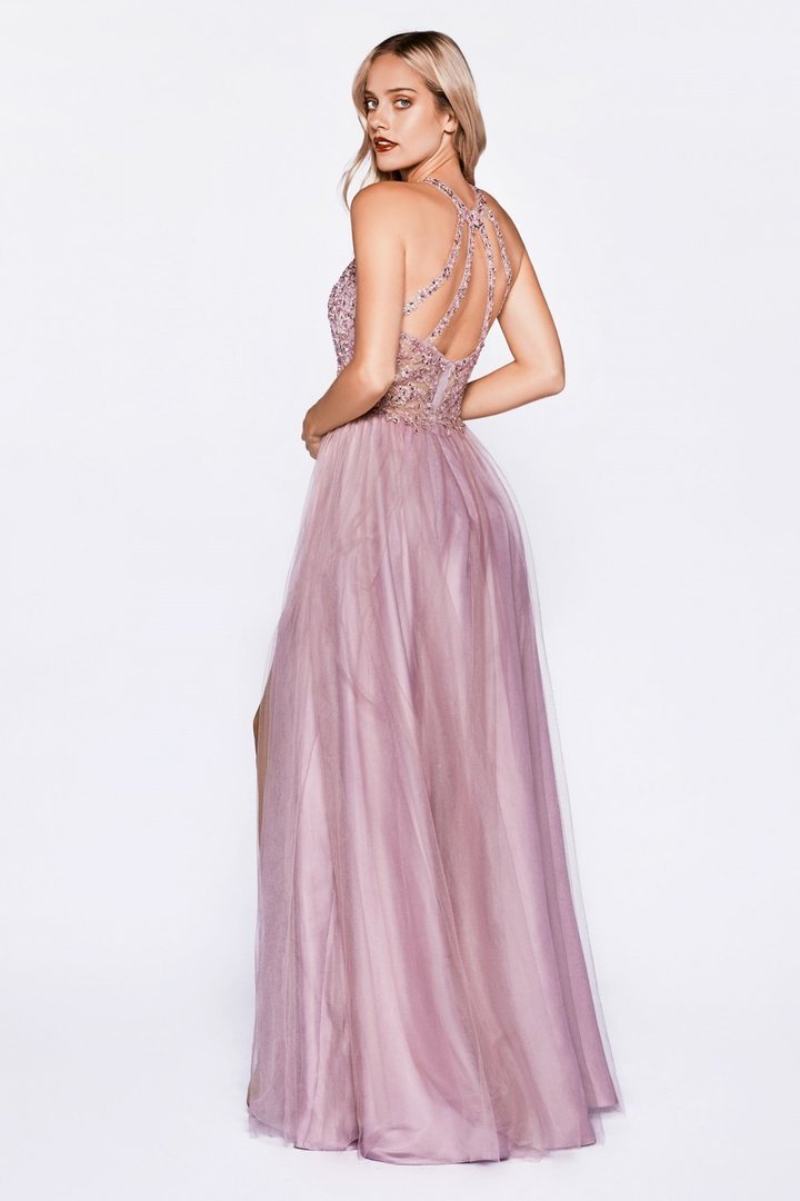 Cinderella Divine - Bead Embellished Halter A-Line Gown CD0145 In Pink