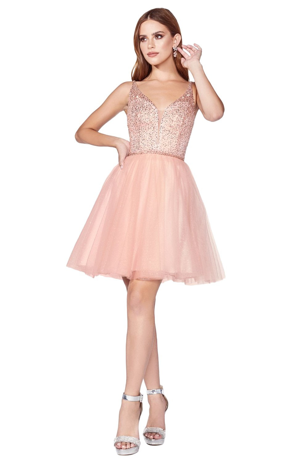 Cinderella Divine - CD0149 Beaded Top Glitter Tulle Cocktail Dress In Pink and Orange
