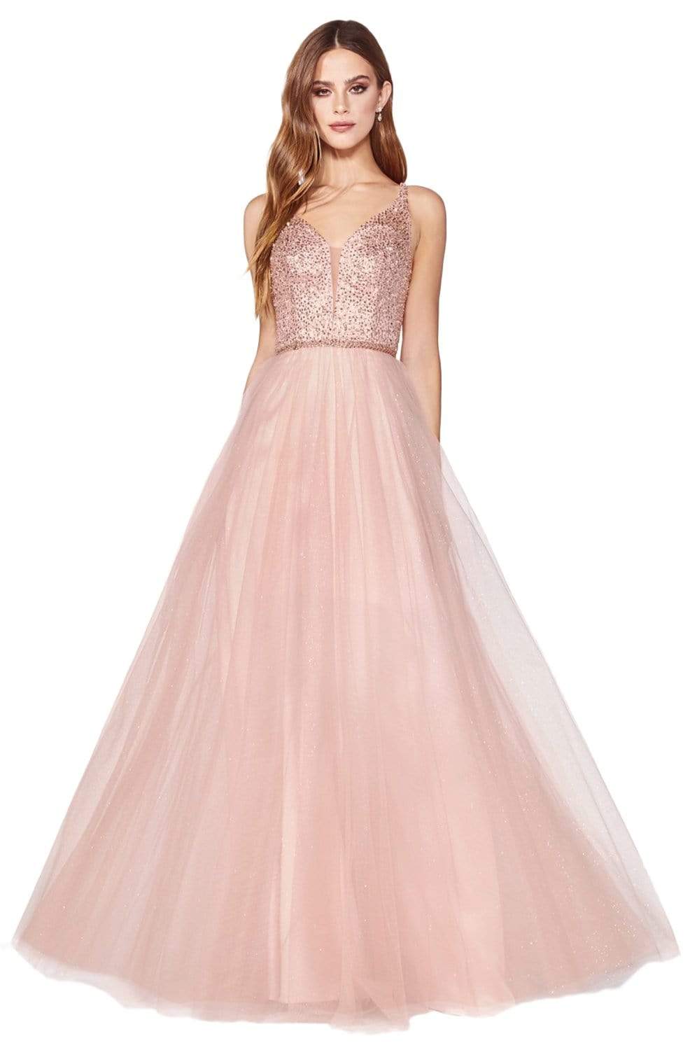 Cinderella Divine - CD0150 Beaded Sleeveless Glitter Tulle A-Line Dress Prom Dresses XXS / Blush