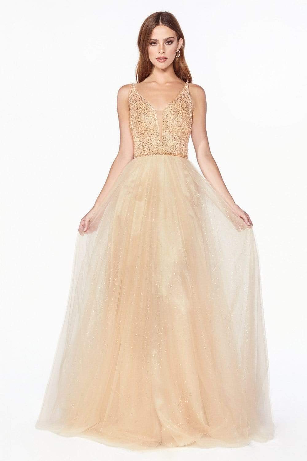 Cinderella Divine - CD0150 Beaded Sleeveless Glitter Tulle A-Line Dress Prom Dresses XXS / Champagne