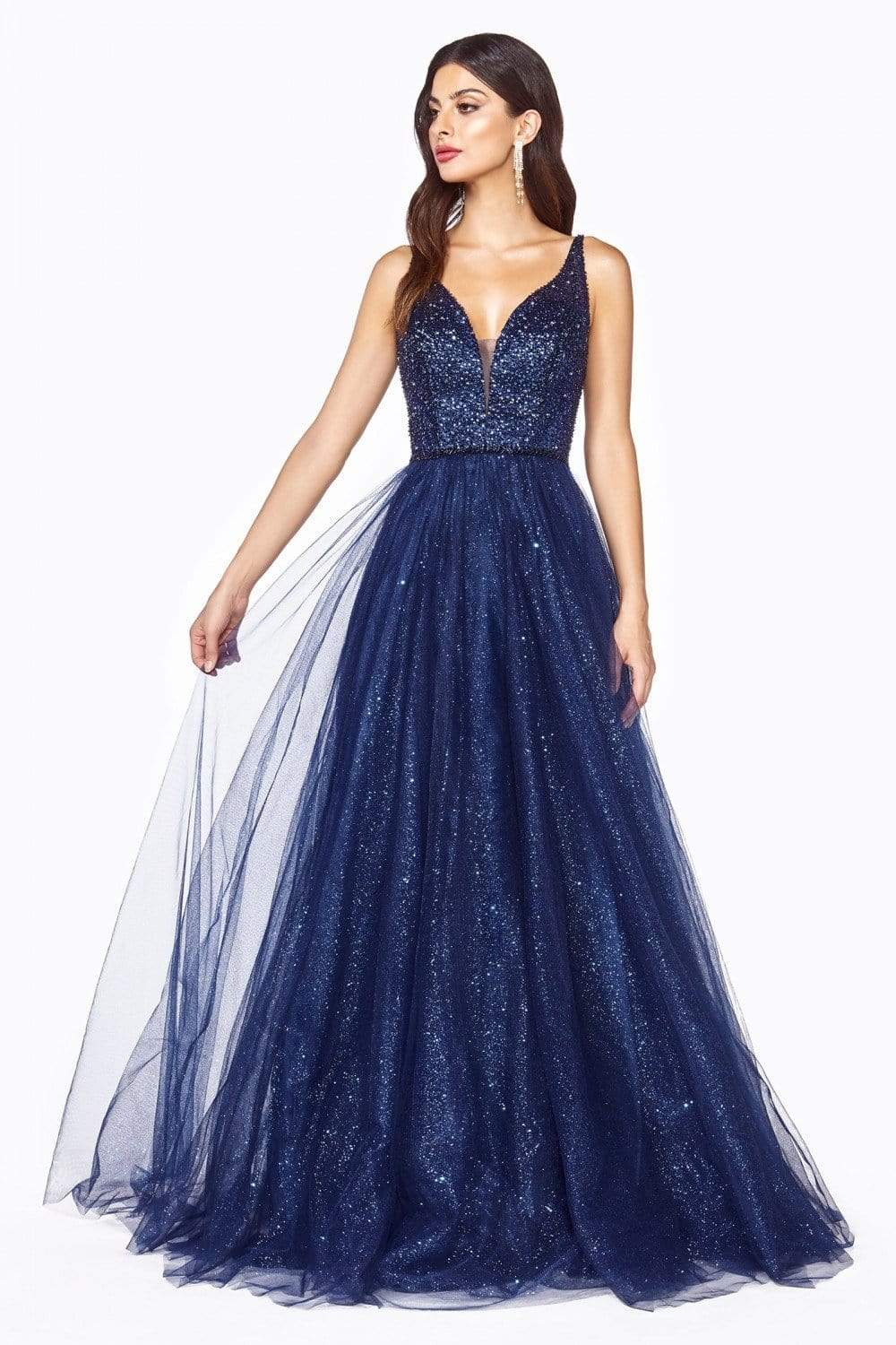 Cinderella Divine - CD0150 Beaded Sleeveless Glitter Tulle A-Line Dress Prom Dresses XXS / Navy