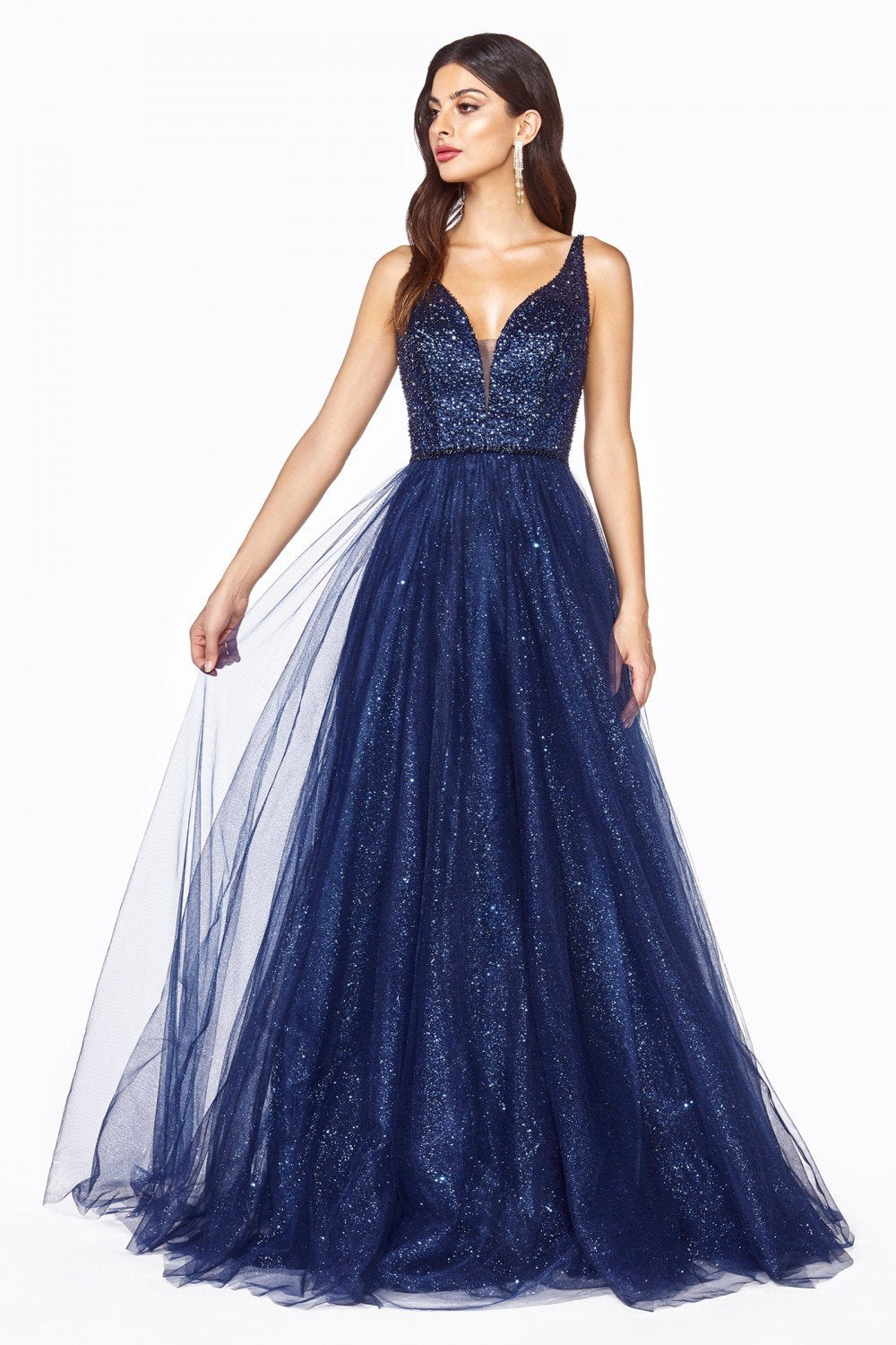Cinderella Divine - CD0150 Sleeveless Embellished Top Glitter Tulle A-Line Dress In Blue