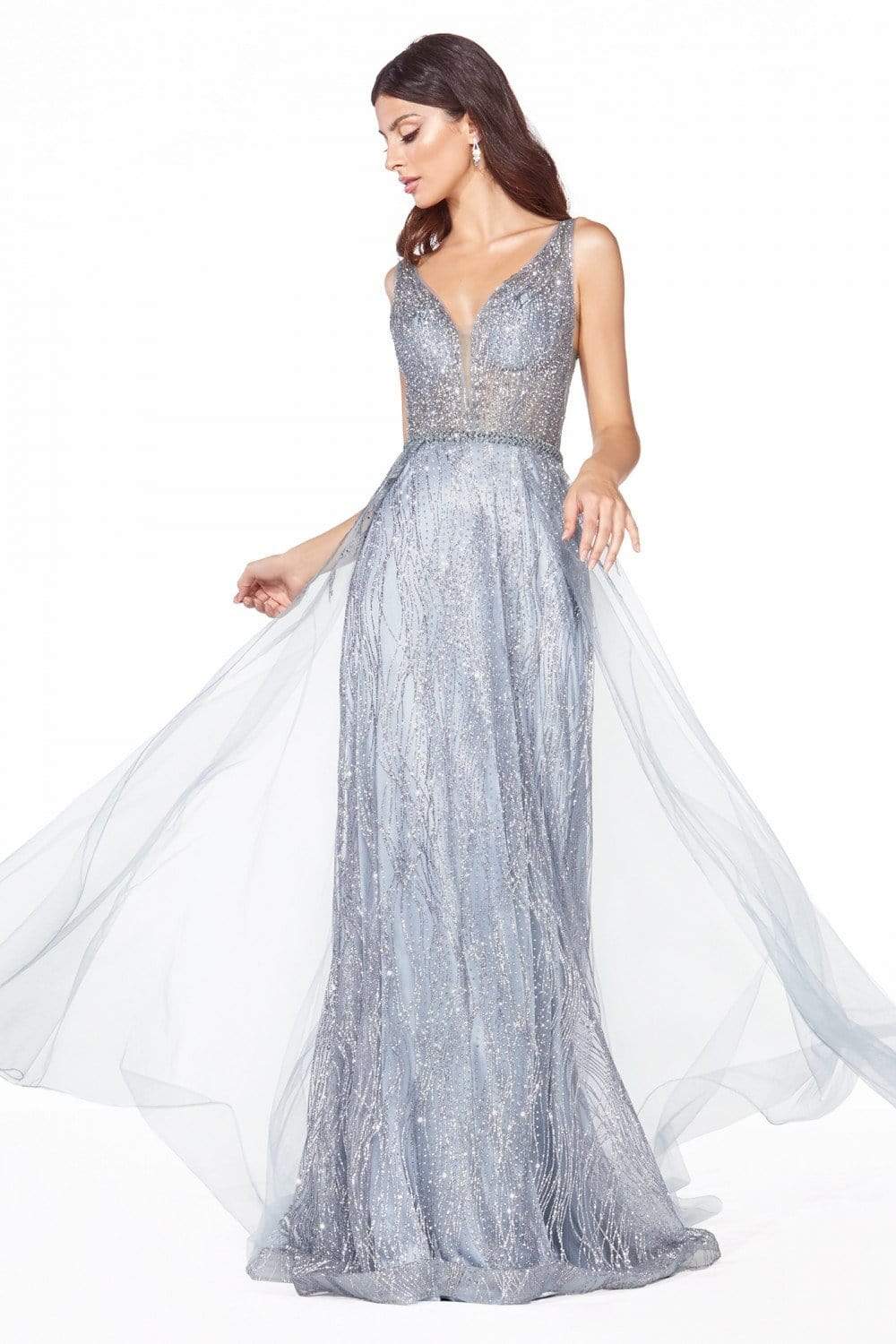 Cinderella Divine - CD0152 Deep V-neck Glitter Tulle A-line Dress Evening Dresses