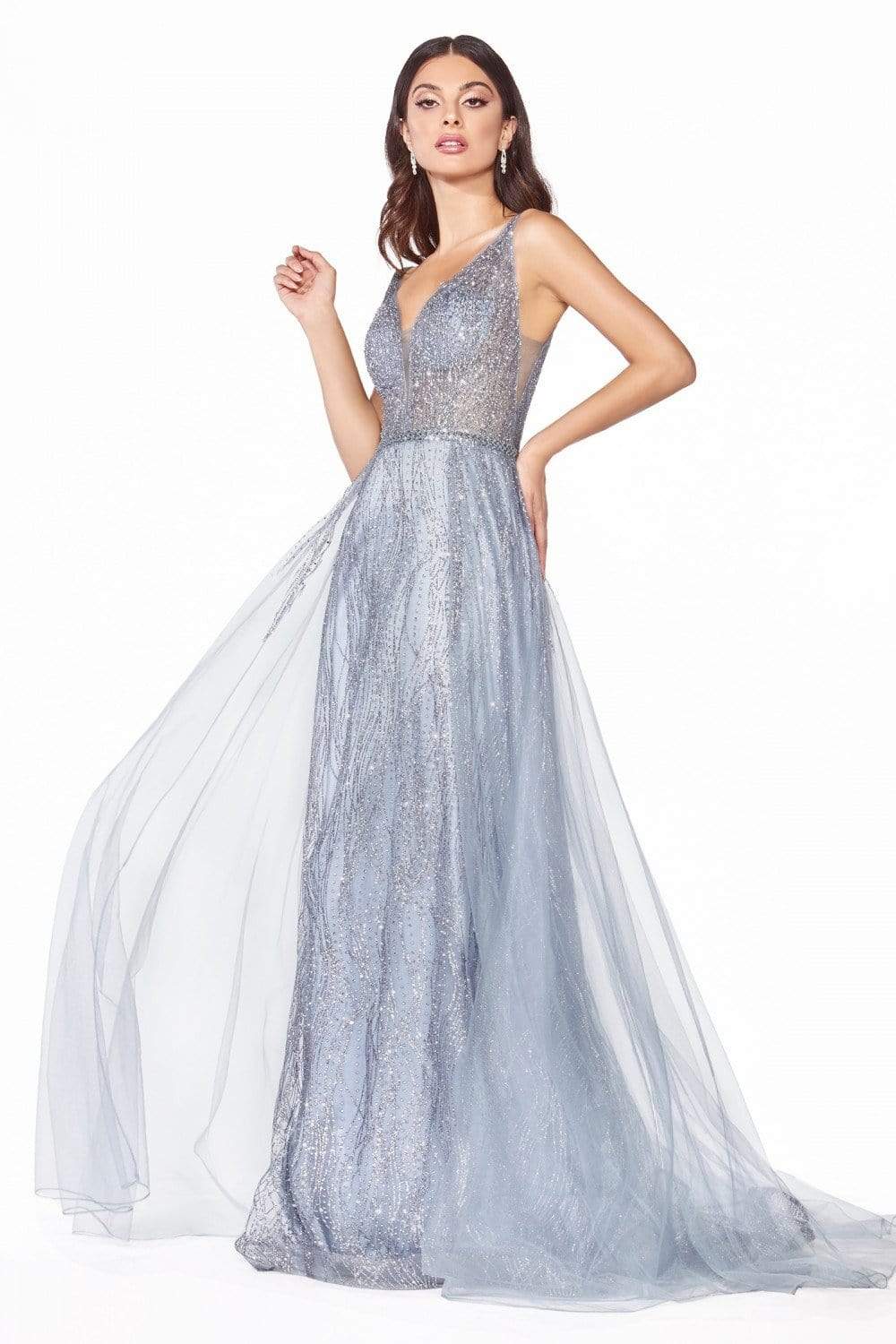 Cinderella Divine - CD0152 Deep V-neck Glitter Tulle A-line Dress Evening Dresses XXS / Smoky Blue