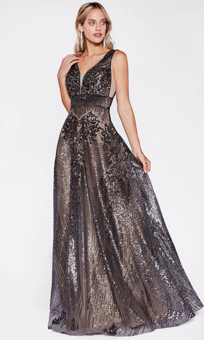 Cinderella Divine - CD09SC V Neck Sequin Appliqued A-line Gown In Silver