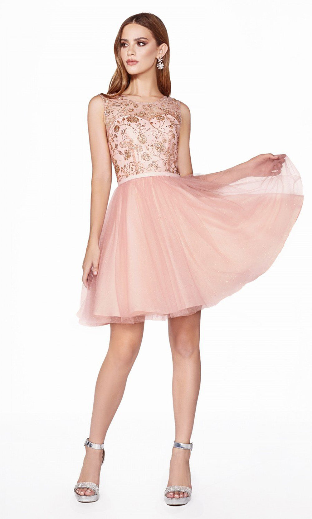 Cinderella Divine - CD20SC Bedazzled Short A-line Dress In Pink