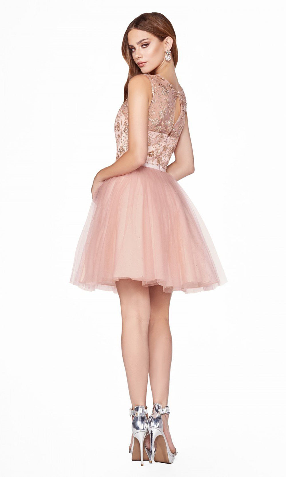 Cinderella Divine - CD20SC Bedazzled Short A-line Dress In Pink