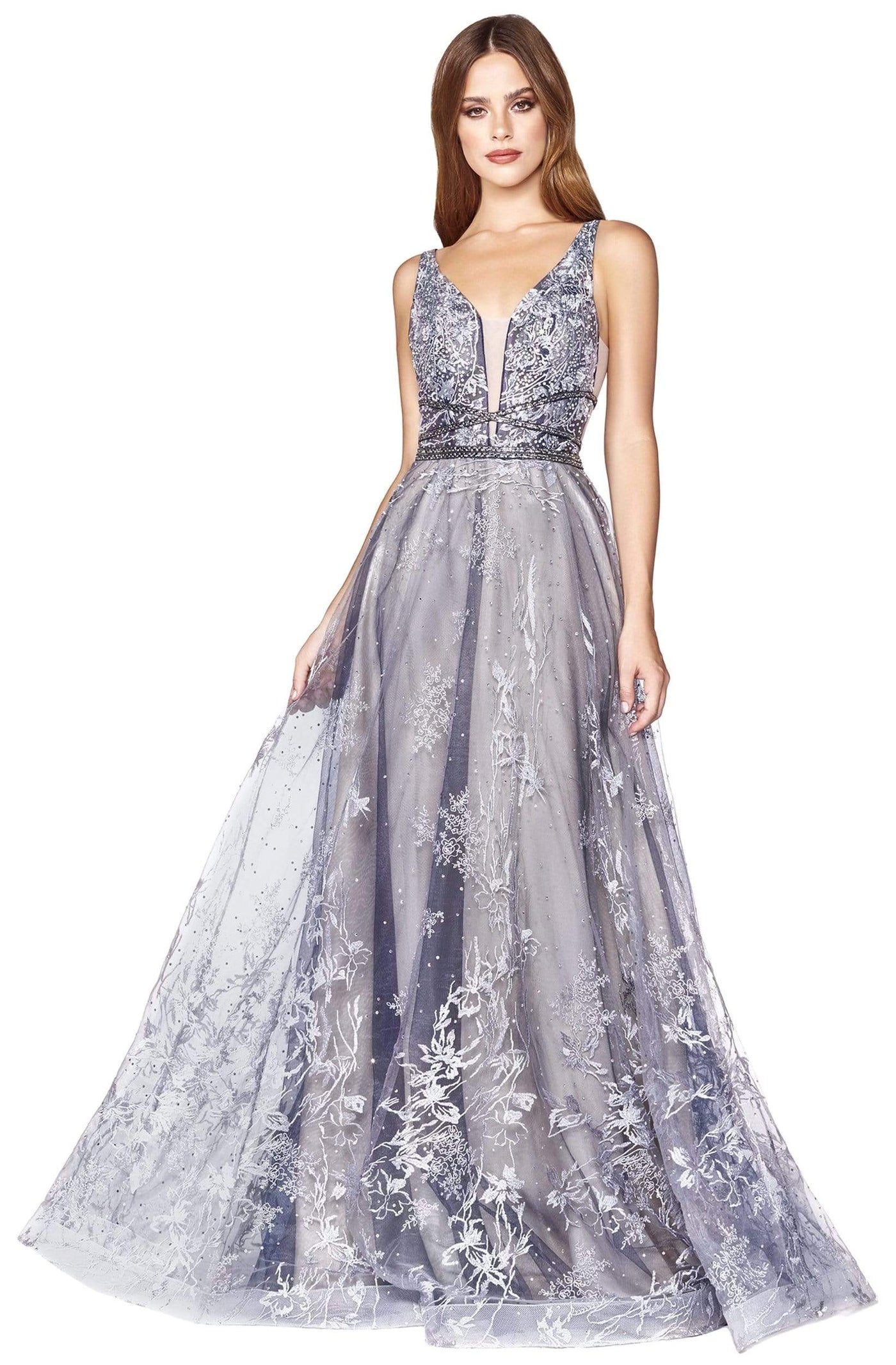 Cinderella Divine - CD75 Lace Applique Deep V-neck A-line Dress Prom Dresses 2 / Midnight