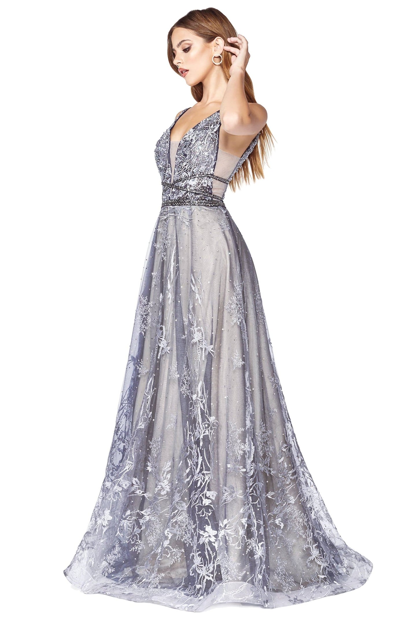 Cinderella Divine - CD75 Lace Applique Deep V-neck A-line Dress Prom Dresses