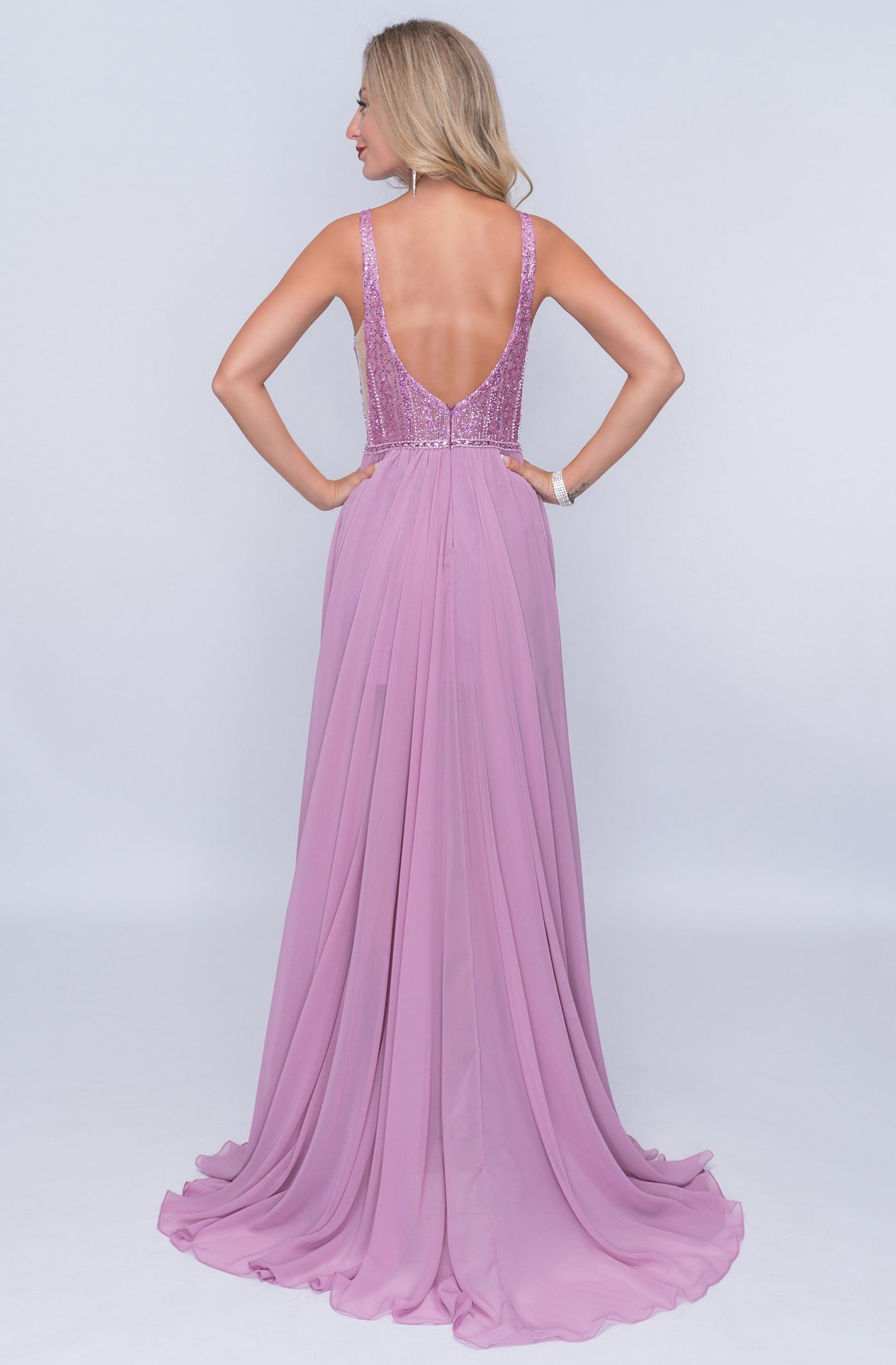 Nina Canacci - 8159 Embellished Plunging V Neck A-Line Gown In Purple