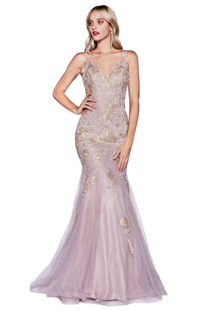 Cinderella Divine - Gold Lace Applique Fitted Mermaid Gown CDS321 In Pink