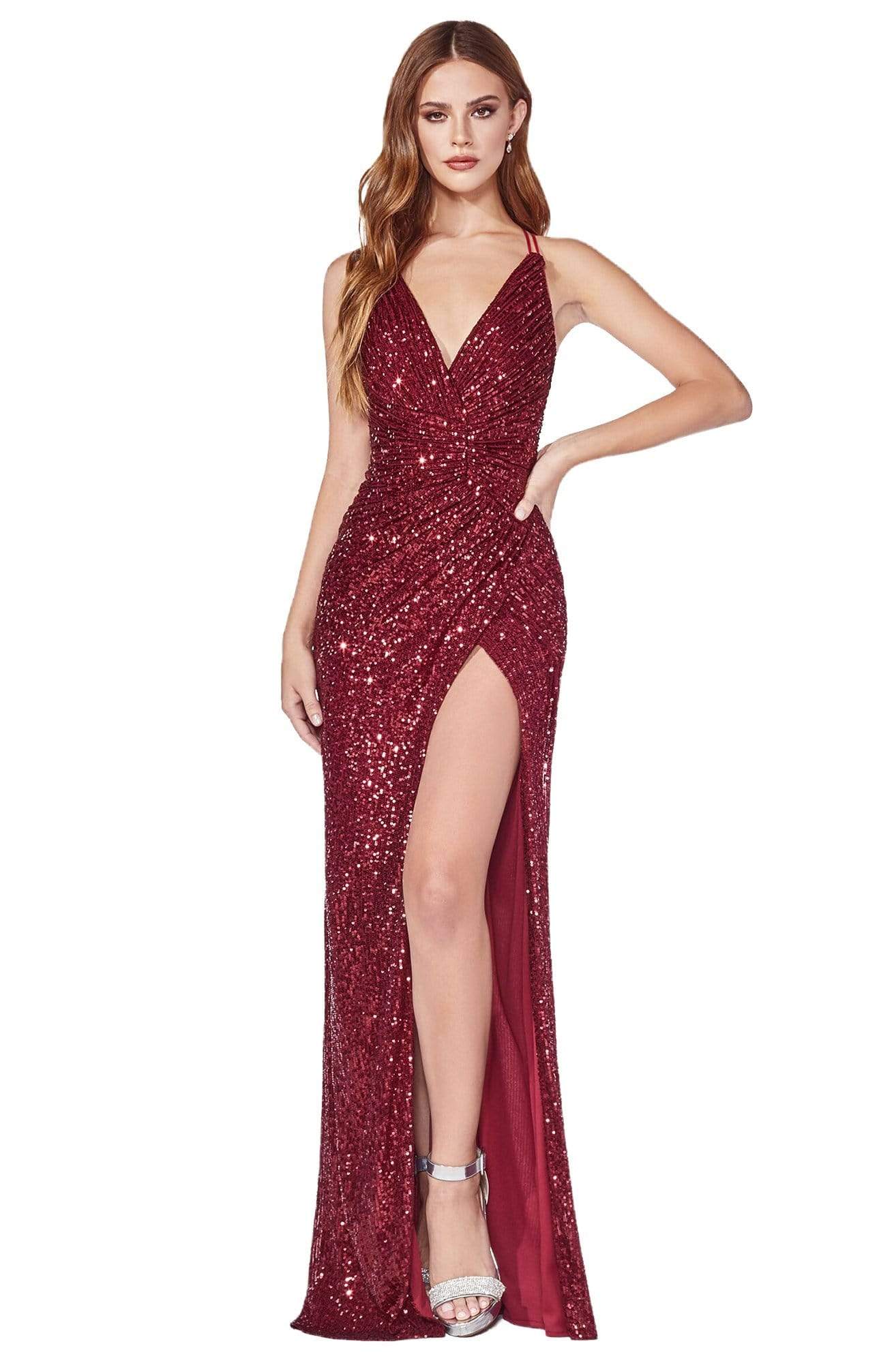 Cinderella Divine - CDS345 V Neck Strappy Open Back Fitted Sequin Gown In Red