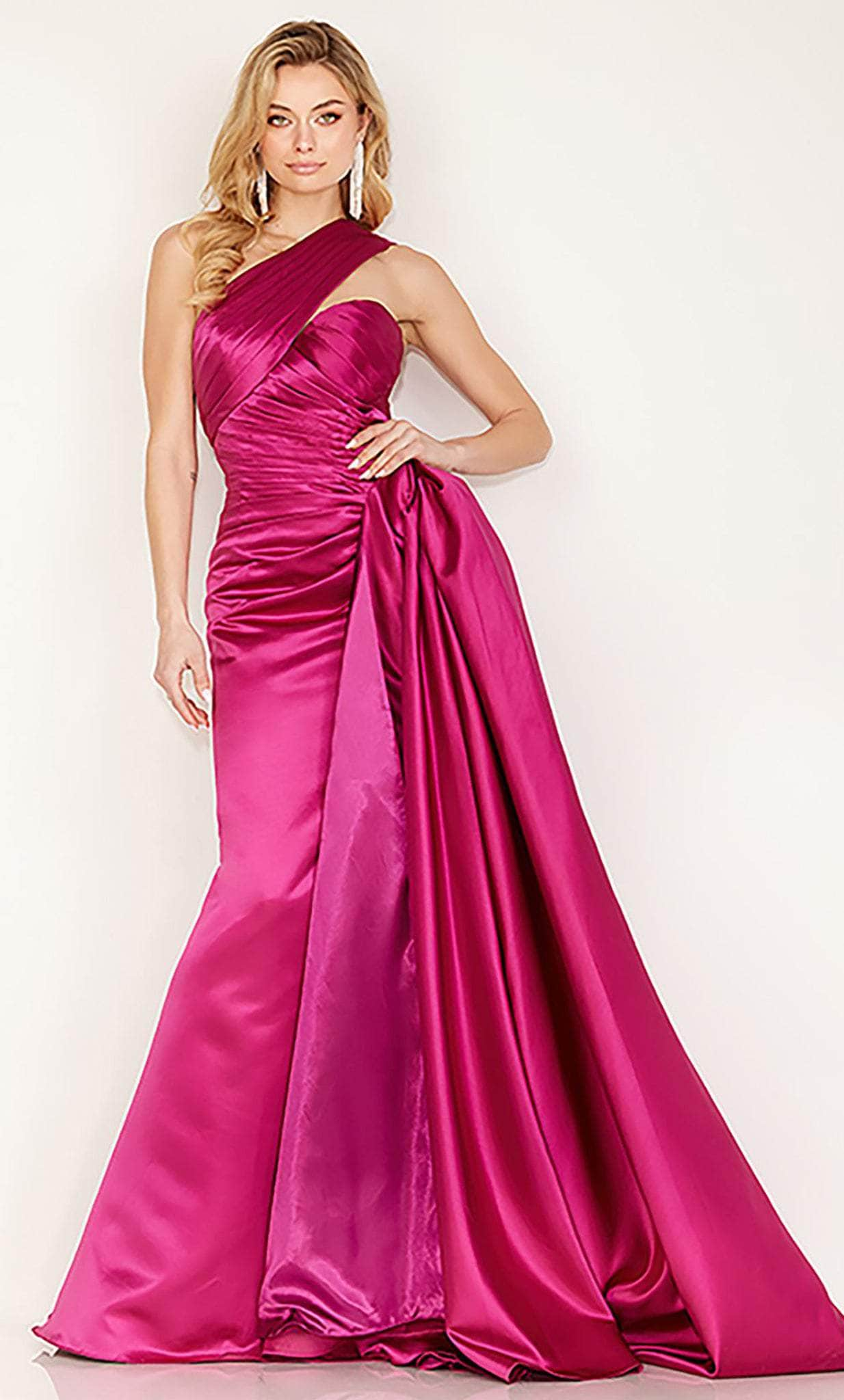 Cecilia Couture 189 - One Sleeve Pleated Detail Evening Gown Evening Dresses 6 / Magenta