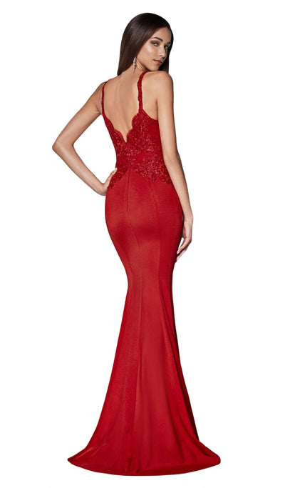 Cinderella Divine - CF319 Lace Scalloped Deep V-neck Trumpet Dress In Red