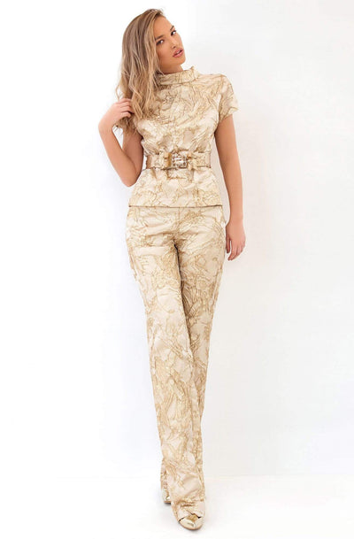 Tarik Ediz - 93810 Short Sleeve High Neck Jumpsuit Evening Dresses 0 / Gold