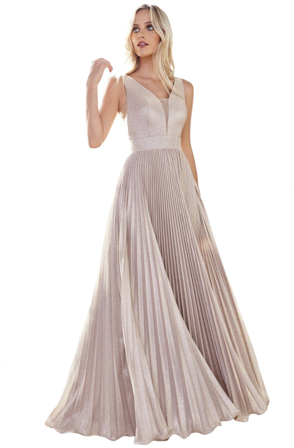 Cinderella Divine - CH211 Plunging V-Neck Pleated Glitter Dress In Neutral