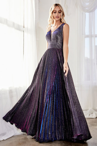 Cinderella Divine - CH211 Plunging V-Neck Pleated Glitter Dress In Purple