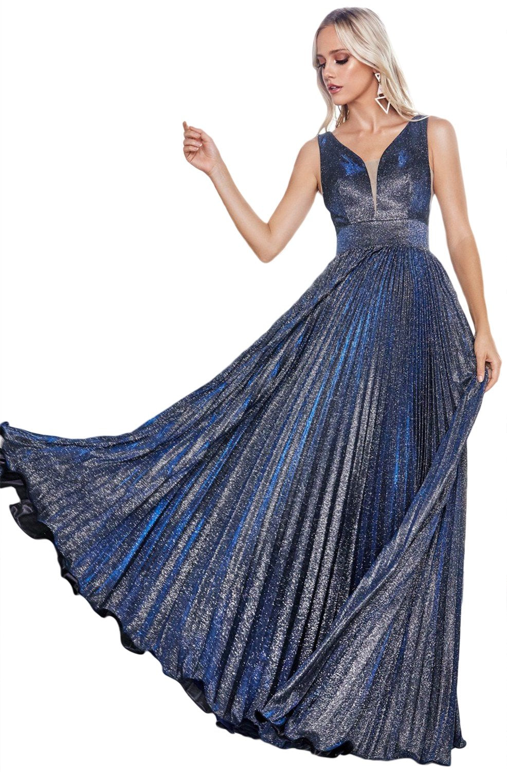 Cinderella Divine CH211 - Long A-Line Dress - Metallic Glitter Fabric, Sheer Overlaid Plunge, Plunging Illusion Sides, V-Open Back, Back Zipper Closure, Wide Inset Waistband, Pleated Skirt, Full Length Hem ADASA Cinderella Divine CH211 - Long A-Line Dress - Metallic Glitter Fabric, Sheer Overlaid Plunge, Plunging Illusion Sides, V-Open Back, Back Zipper Closure, Wide Inset Waistband, Pleated Skirt, Full Length Hem ADASA