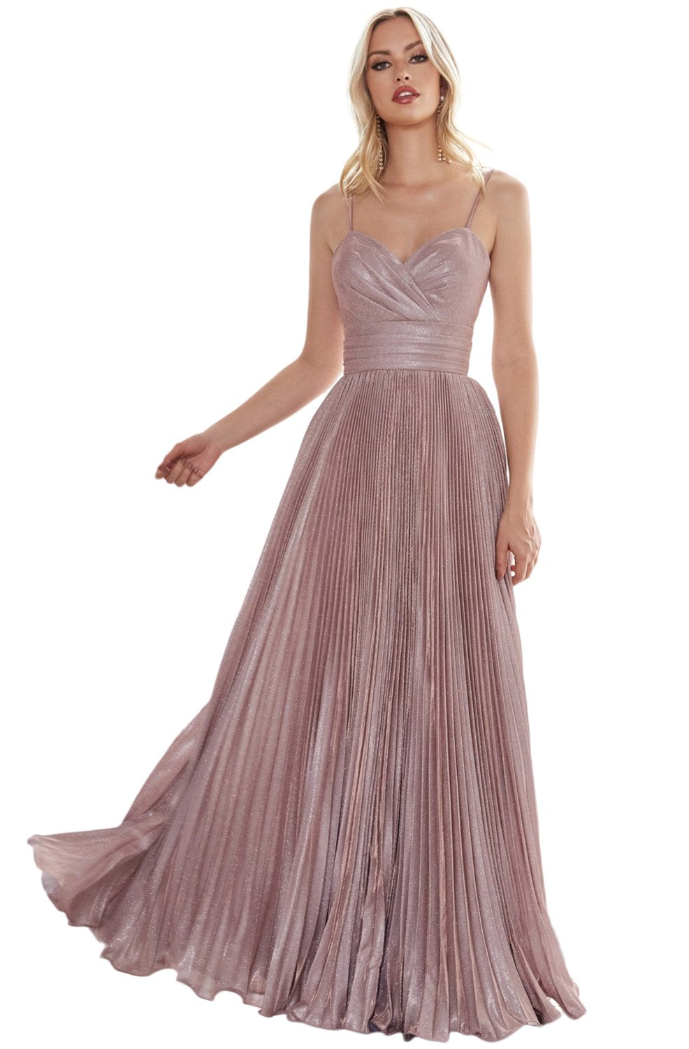Cinderella Divine - CH221 Pleated V-Neck Empire Glitter Dress In Pink