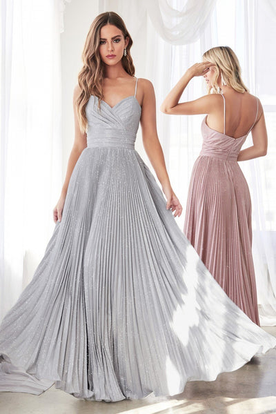 Cinderella Divine - CH221 Pleated V-Neck Empire Glitter Dress In Silver and Pink
