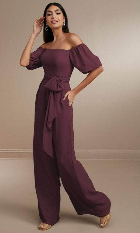 Christina Wu Celebration 22171 - Off-Shoulder Chiffon Jumpsuit Special Occasion Dress 0 / Sangria