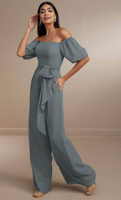 Christina Wu Celebration 22171 - Off-Shoulder Chiffon Jumpsuit Special Occasion Dress 0 / Slate