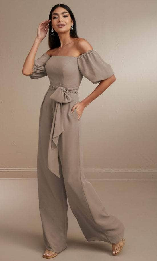 Christina Wu Celebration 22171 - Off-Shoulder Chiffon Jumpsuit Special Occasion Dress 0 / Taupe